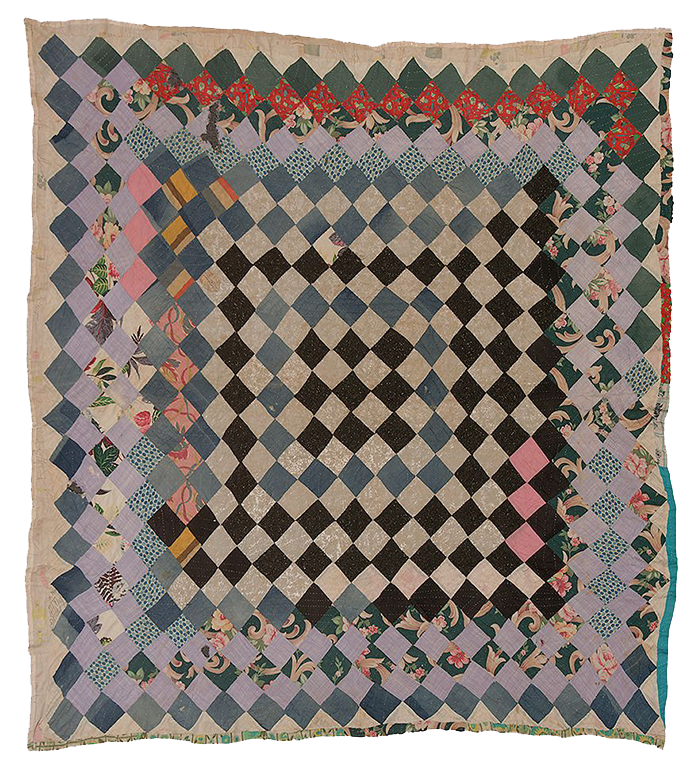 Vintage patchwork quilt with colorful checkered pattern of mismatched cloths