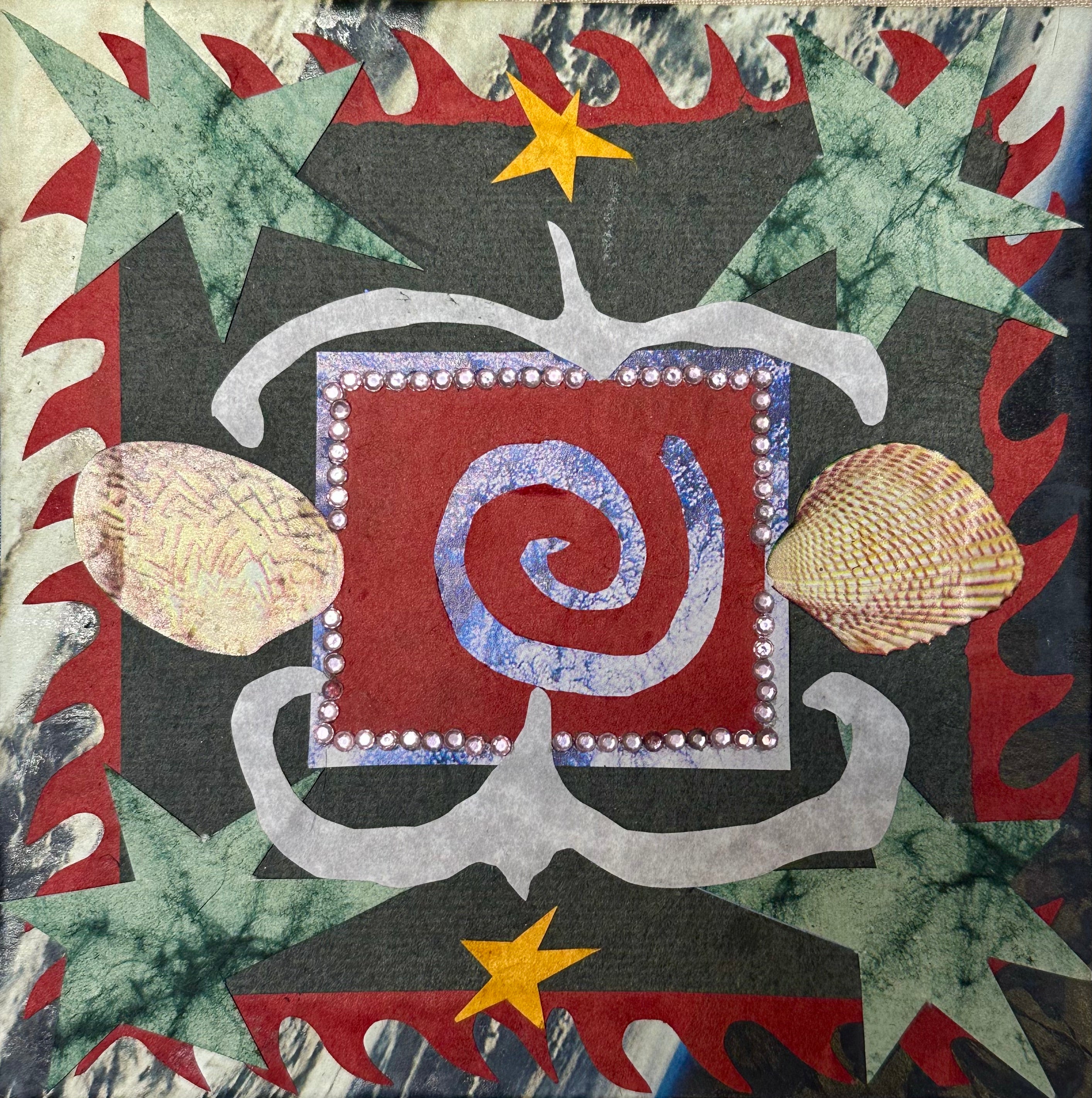 Collage with a central spiral design, surrounded by stars and shells on a textured background.